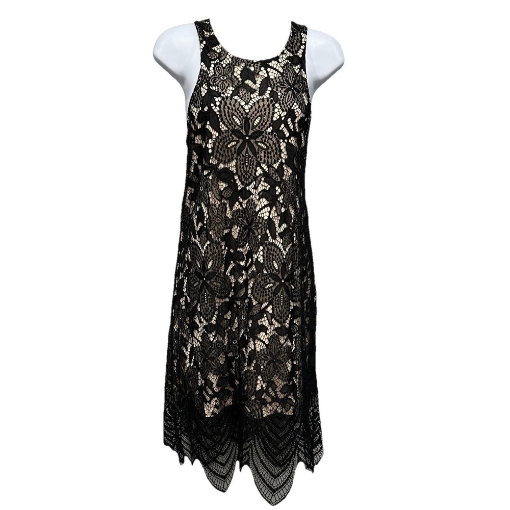 Express Midi Dress Women Large Beige Black Overlay Lace Lined Sleeveless Pull On
